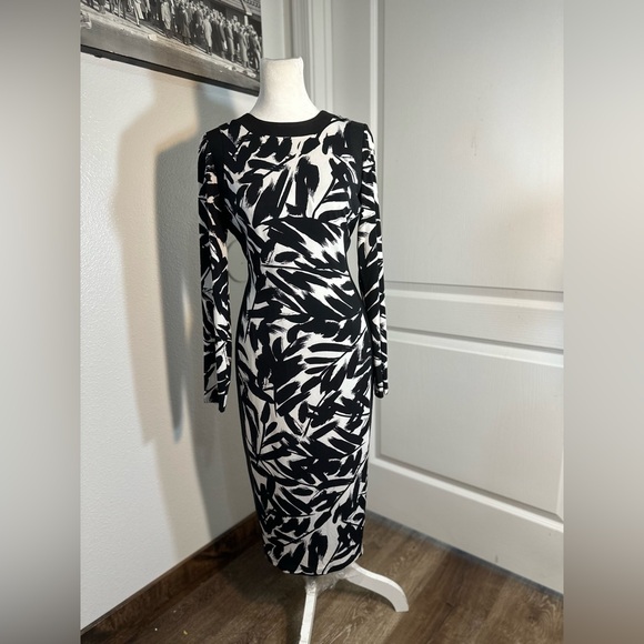 Modest modern bodycon leaf print white and black Maggy London women size 6 - Picture 15 of 16